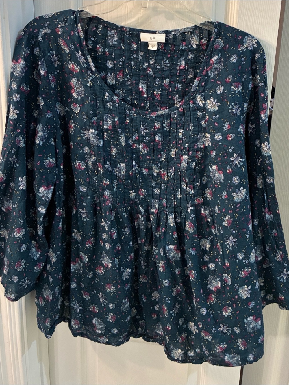 J. Jill Teal Floral Pintuck Peasant Boho Cottagecore Blouse SZ XL